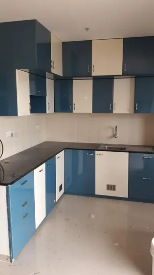 Blue White Modular Kitchen, completed by Lucky Enterprises