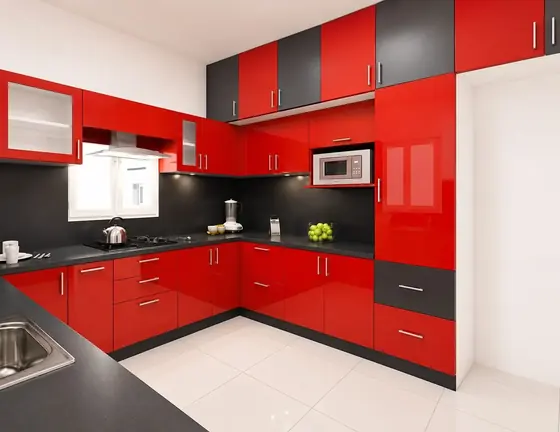 Red Black Glossy Modular Kitchen, completed by Lucky Enterprises