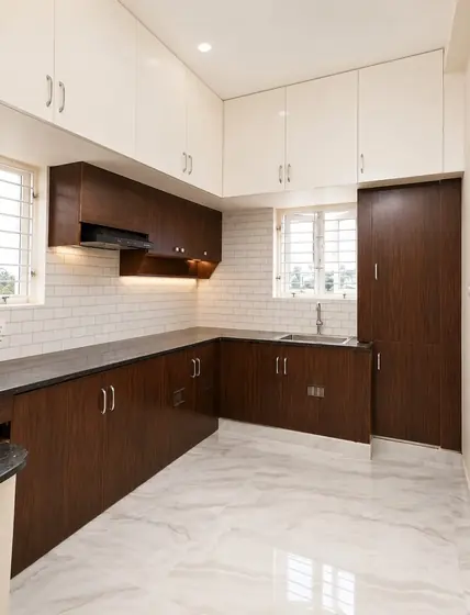 Dark Wood White Tile Modular Kitchen, completed by Lucky Enterprises