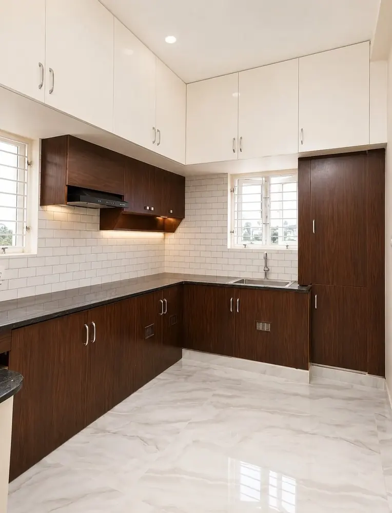 Dark wood and white modular kitchen with marble-look flooring, completed by Lucky Enterprises