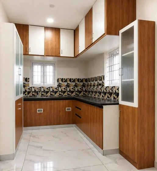 Wood White Geometric Tile Modular Kitchen, completed by Lucky Enterprises
