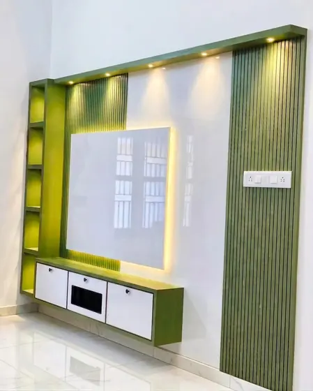 Modern green and white slatted plywood TV unit in living room