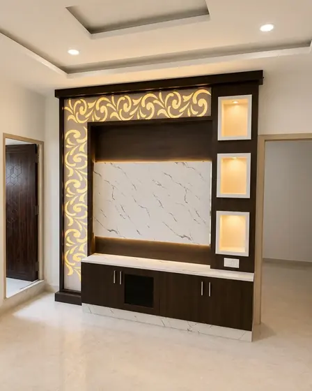 Marble Wood Glasscab TV Unit, completed by Lucky Enterprises
