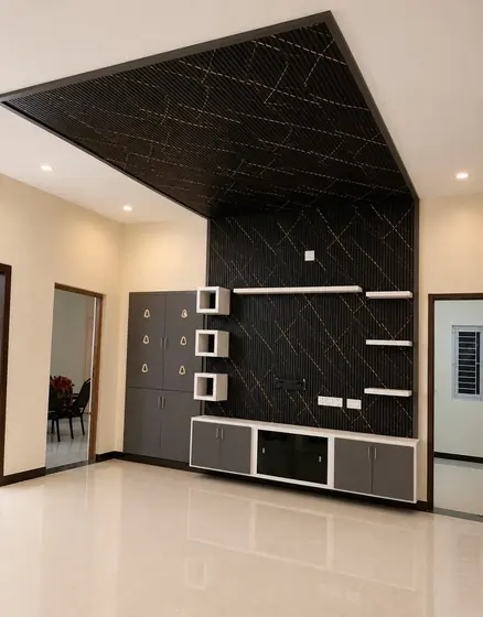Black Slat Pooja Cabinet TV Unit, completed by Lucky Enterprises