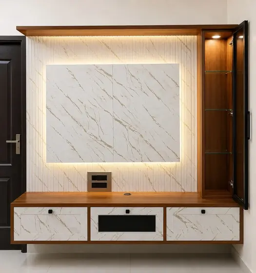 Backlit marble TV unit with wood finish, completed by Lucky Enterprises