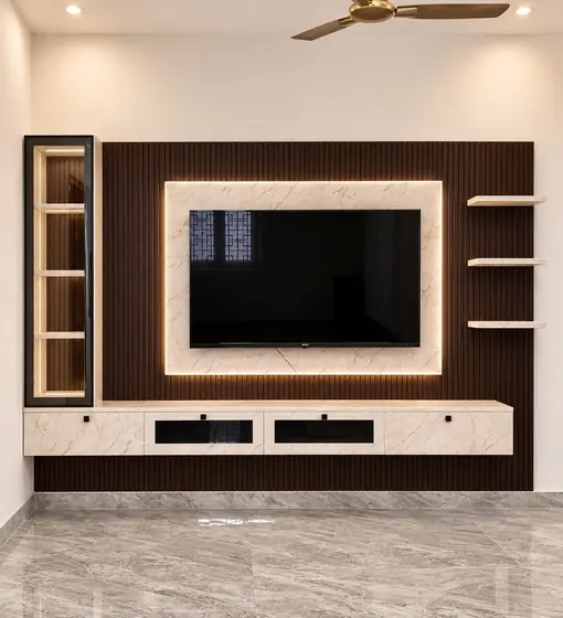 Wood Slat Beige Shelves TV Unit, completed by Lucky Enterprises