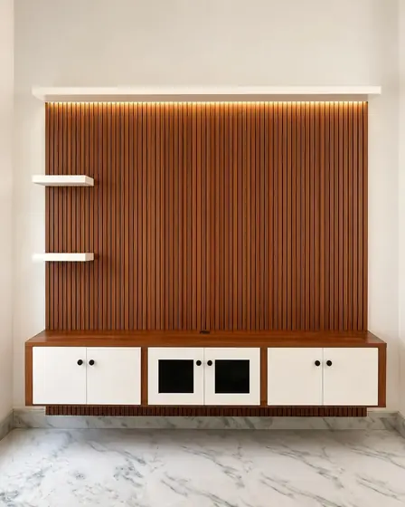 Wood Slat White Cabinets TV Unit, completed by Lucky Enterprises