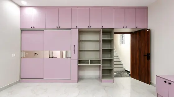 Pink Sliding Mirror Wardrobe & Dressing Unit, completed by Lucky Enterprises