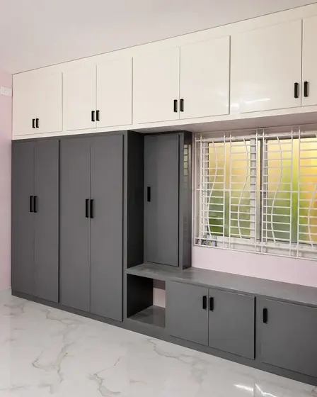 Grey White Pink Wall Wardrobe & Dressing Unit, completed by Lucky Enterprises